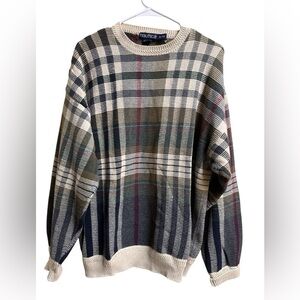 Vintage Nautica Sweater XL Hong Kong 100% Cotton Plaid Knit Crewneck
